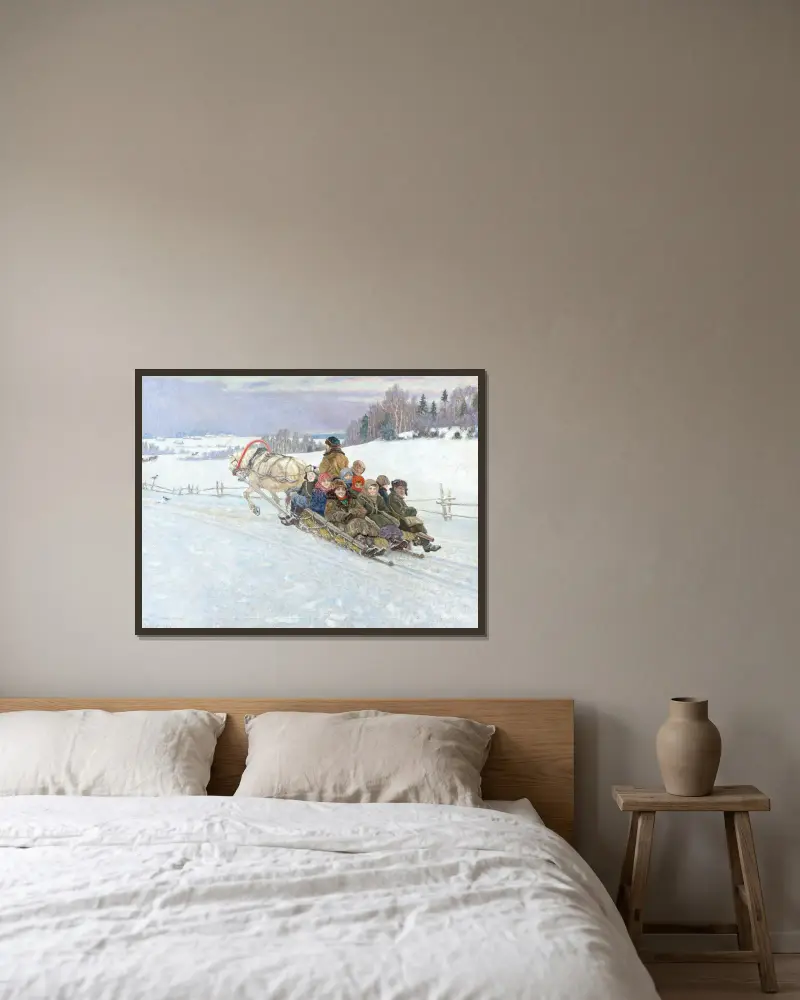 Lustige Schlittenfahrt im winterlichen Russland av Nikolai Bogdanov-Belsky inramad på en vägg