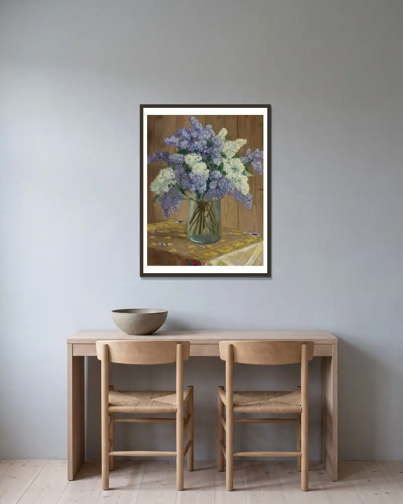 Still Life With Lilacs av Nikolai Bogdanov-Belsky inramad på en vägg