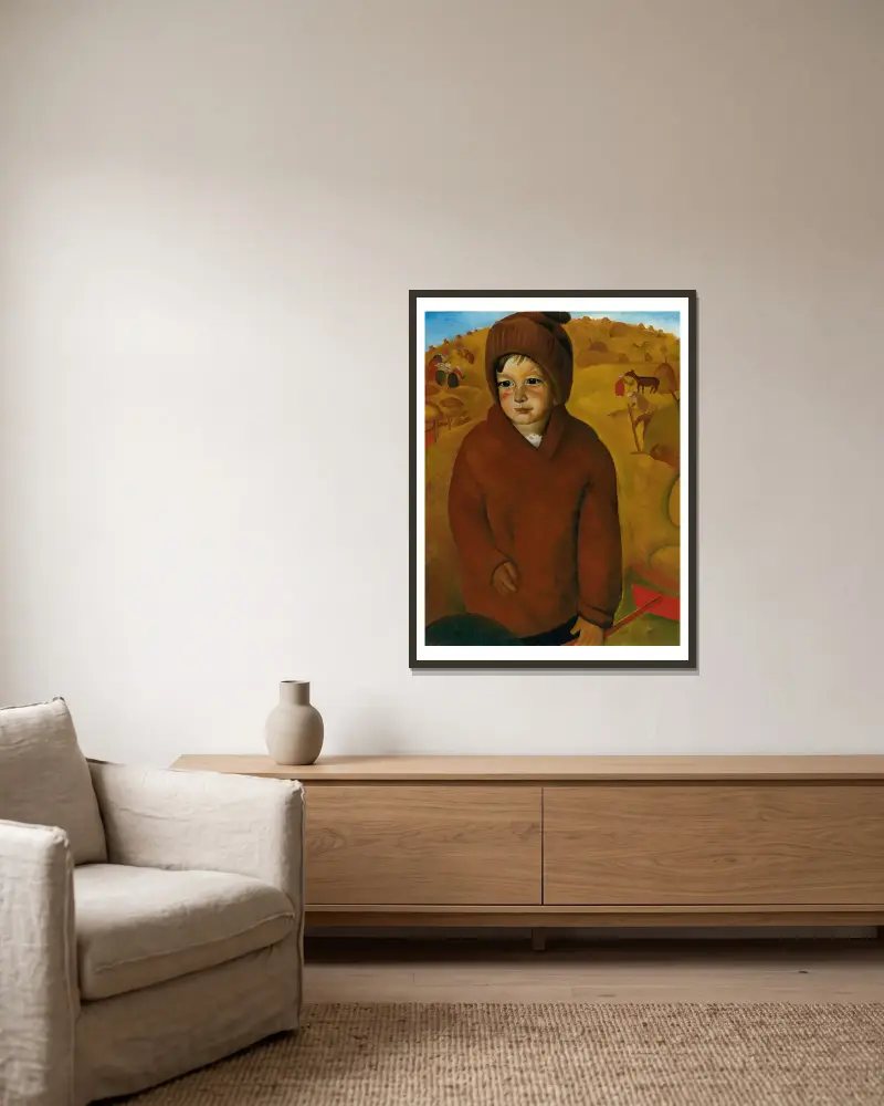 Junge zur Erntezeit von Boris Grigoriev gerahmt an einer Wand