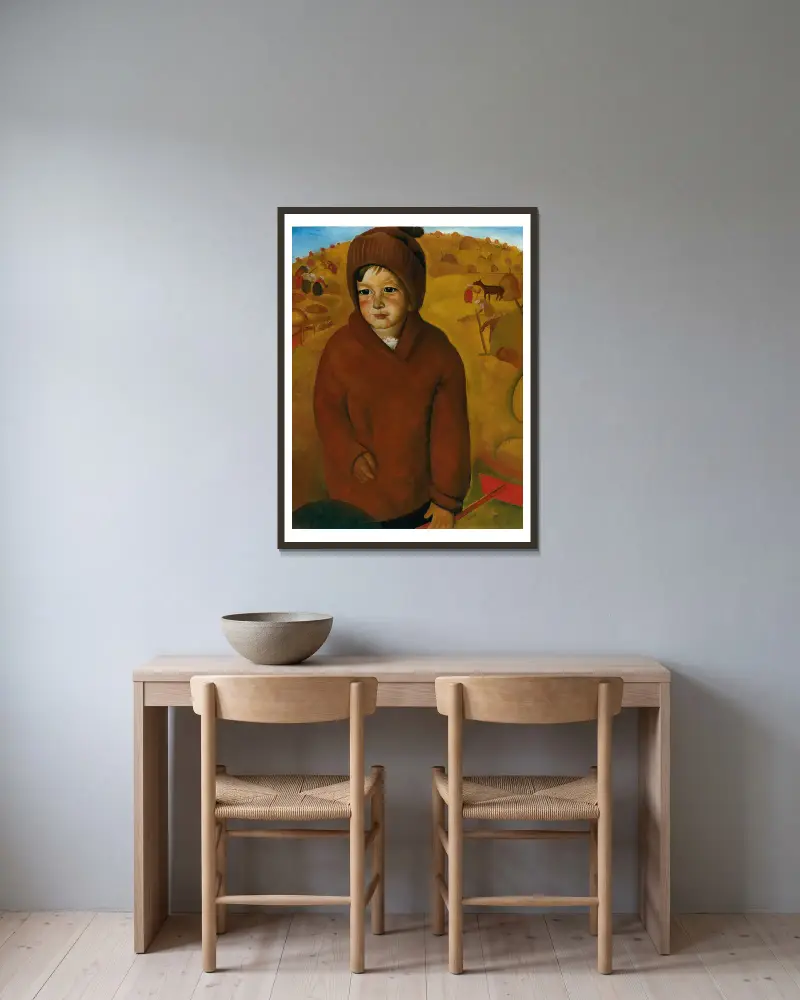 Junge zur Erntezeit von Boris Grigoriev gerahmt an einer Wand