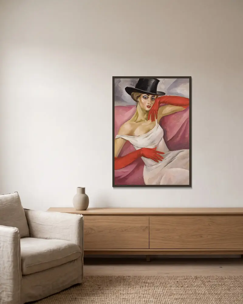 Dame mit hohem Hut von Boris Grigoriev gerahmt an einer Wand