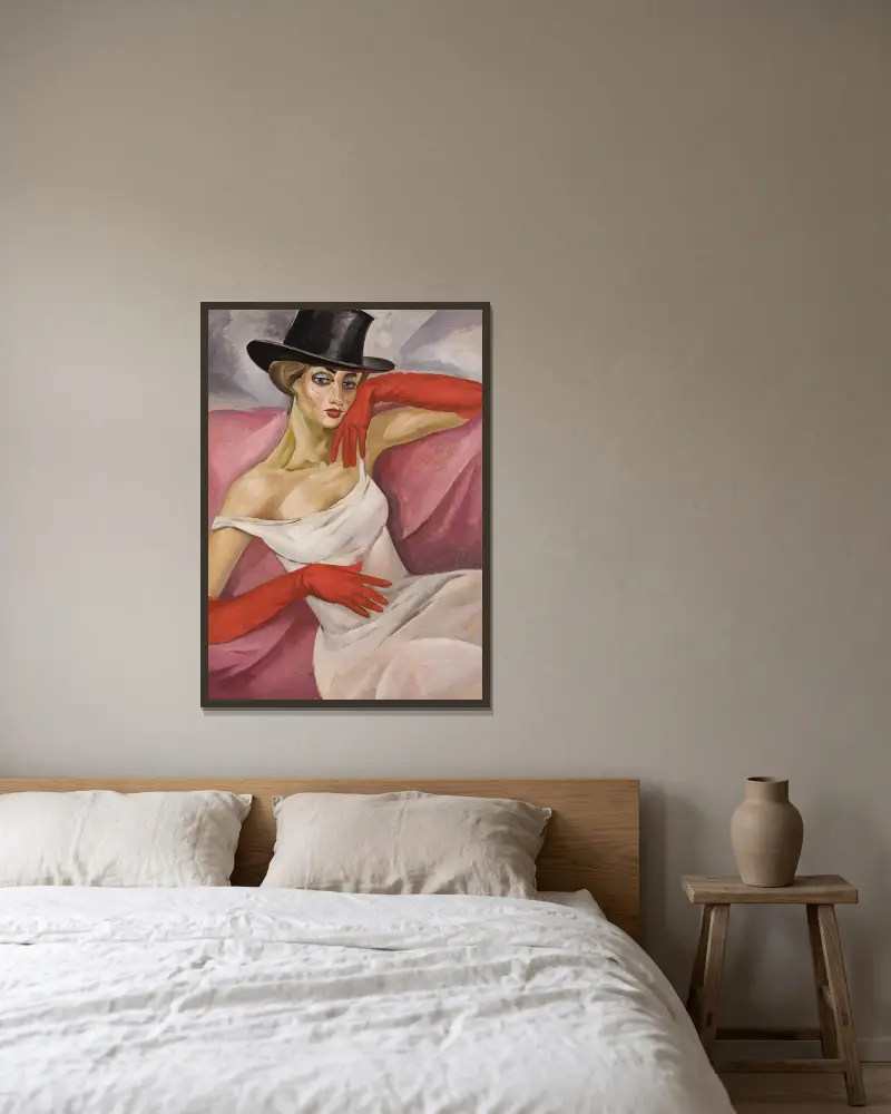Dame mit hohem Hut von Boris Grigoriev gerahmt an einer Wand