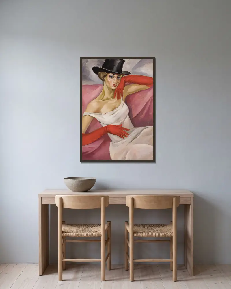 Dame mit hohem Hut von Boris Grigoriev gerahmt an einer Wand