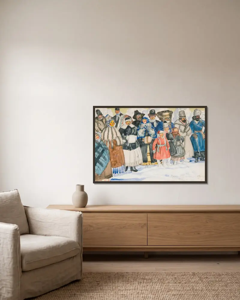 Scenografi för 'I ondskans våld' av Boris Kustodiev inramad på en vägg
