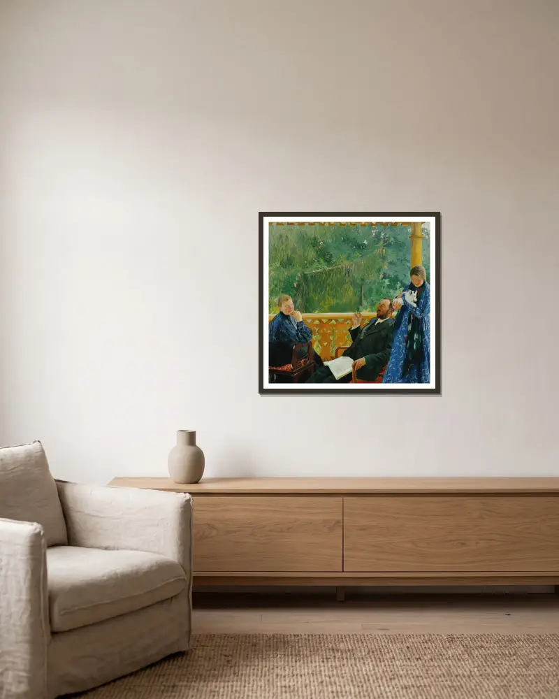 Familienbild (Porträt der Familie Polenow) von Boris Kustodiev gerahmt an einer Wand