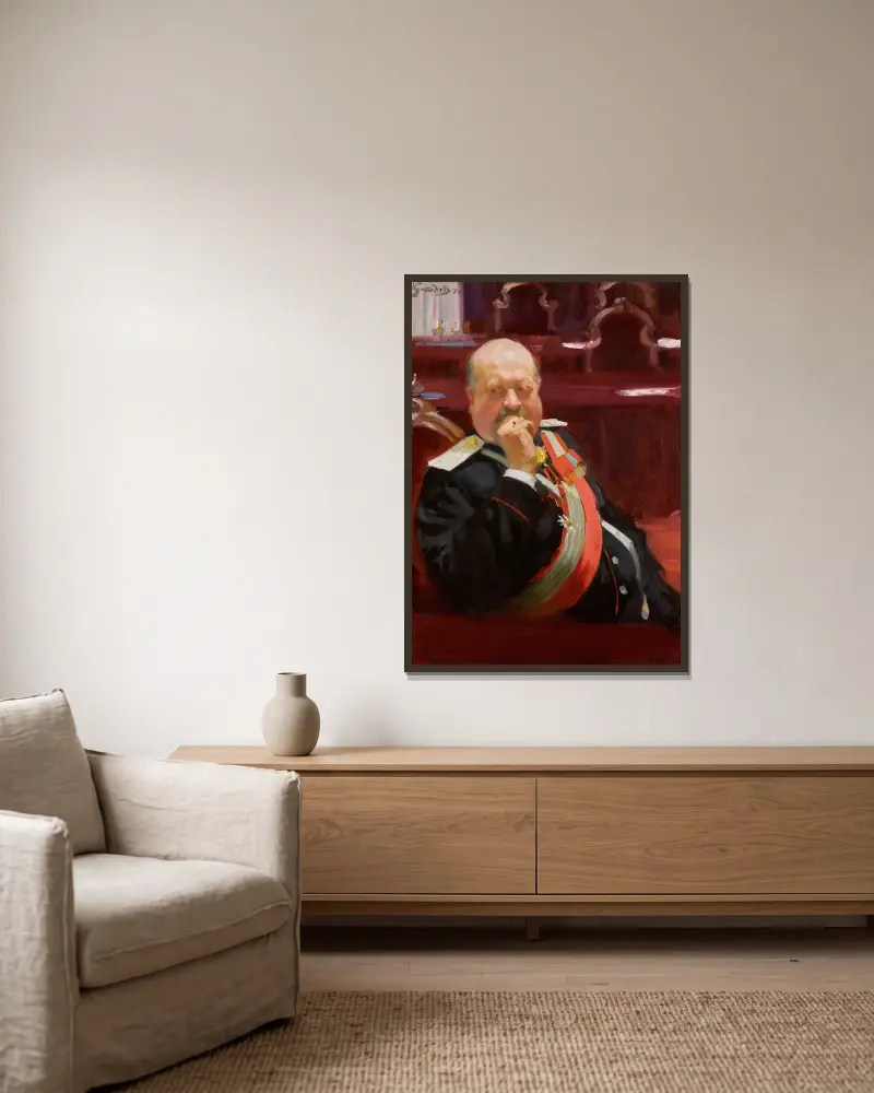 Portrait of Count Alexei Pavlovich Ignatiev av Boris Kustodiev inramad på en vägg