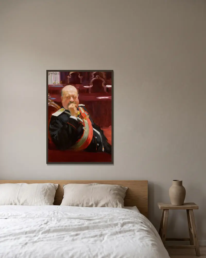 Portrait of Count Alexei Pavlovich Ignatiev av Boris Kustodiev inramad på en vägg