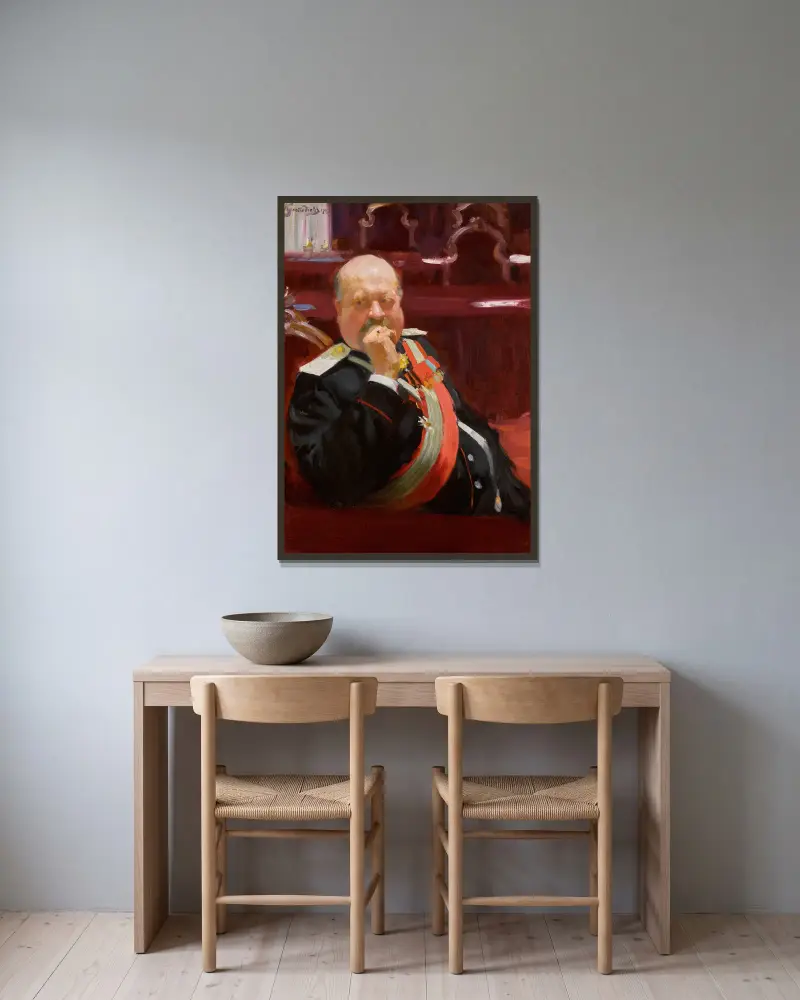 Portrait of Count Alexei Pavlovich Ignatiev av Boris Kustodiev inramad på en vägg