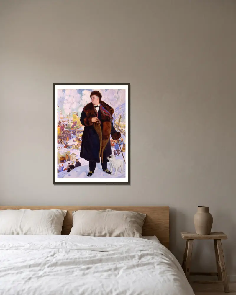 Porträtt av Fjodor Sjaljapin av Boris Kustodiev inramad på en vägg