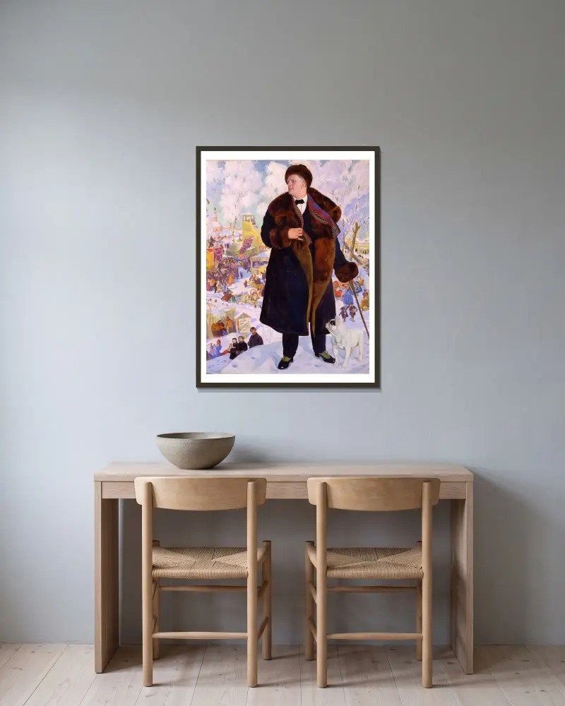 Porträtt av Fjodor Sjaljapin av Boris Kustodiev inramad på en vägg