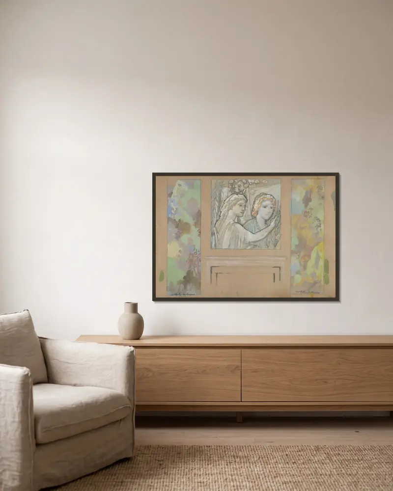 Design för en överdörrsmålning och två väggpaneler av Arthur Bowen Davies inramad på en vägg