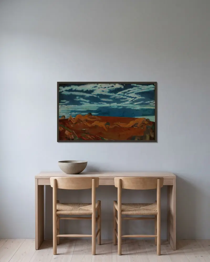Earths Throat Edge av Arthur Bowen Davies inramad på en vägg