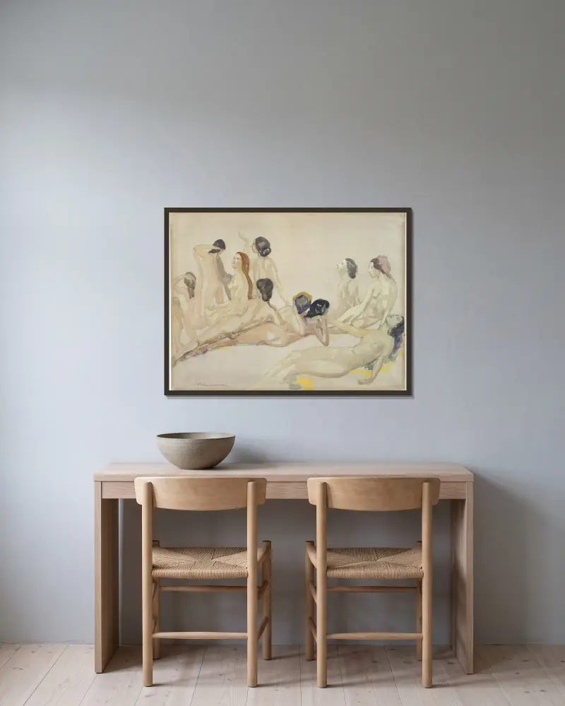 Elf nackte Figuren von Arthur Bowen Davies gerahmt an einer Wand