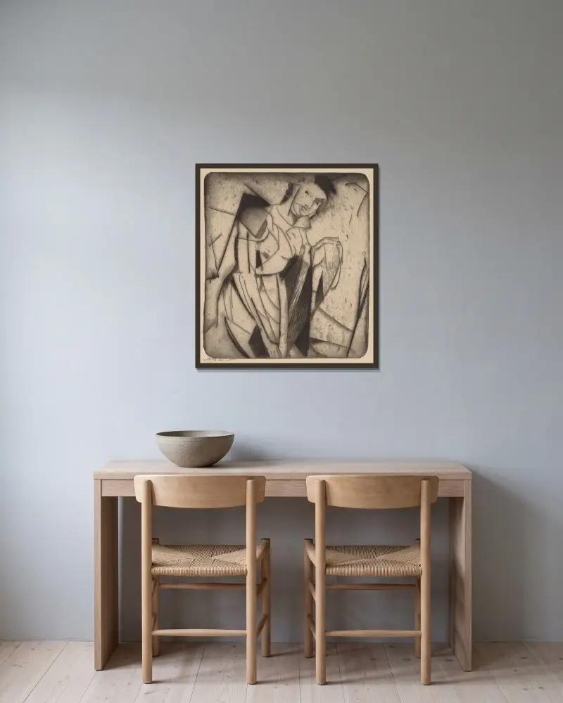Figur i glas av Arthur Bowen Davies inramad på en vägg
