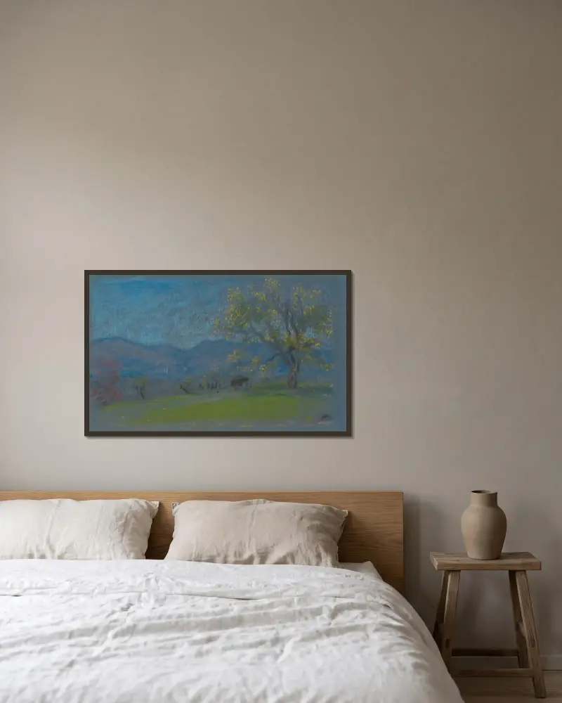 Landschaft mit gelbem Baum von Arthur Bowen Davies gerahmt an einer Wand