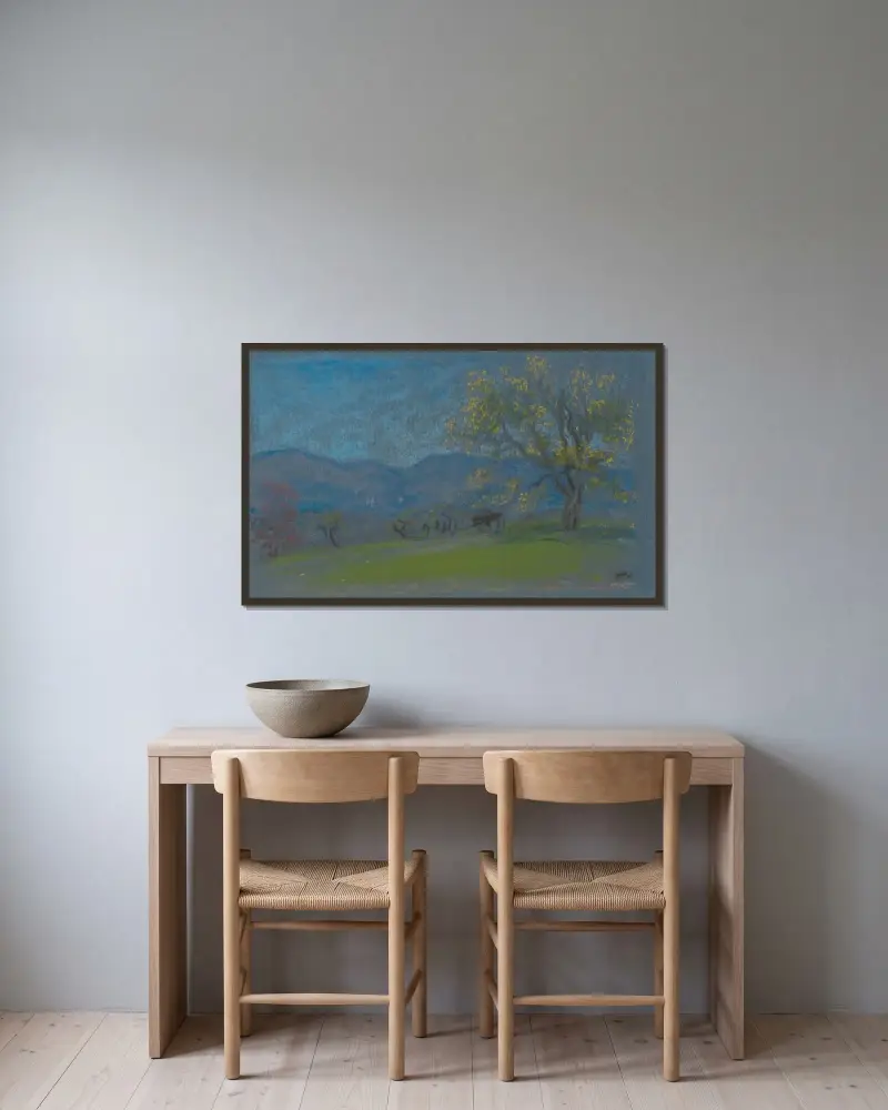 Landschaft mit gelbem Baum von Arthur Bowen Davies gerahmt an einer Wand