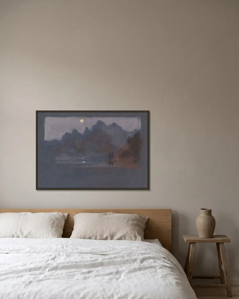 Berg i månsken av Arthur Bowen Davies inramad på en vägg
