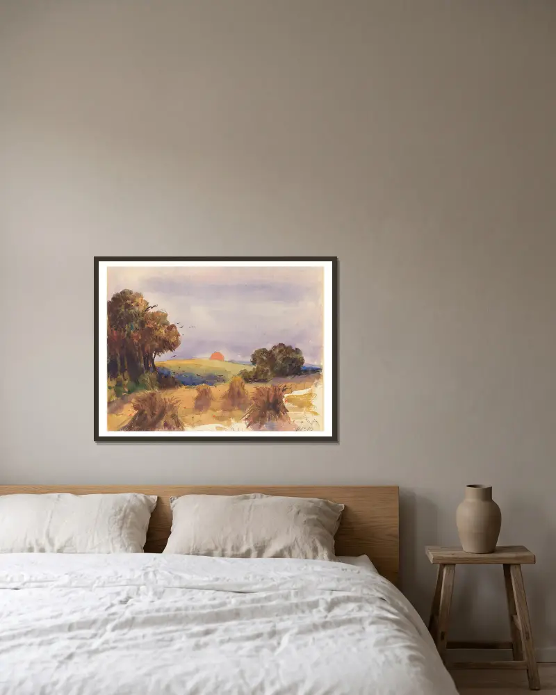 Ein Kornfeld bei Sonnenuntergang von Hercules Brabazon Brabazon gerahmt an einer Wand