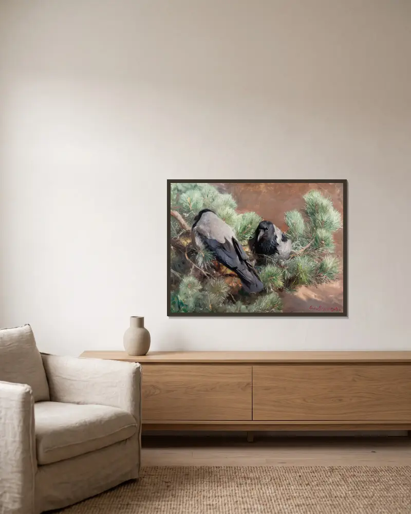 Krähen von Bruno Liljefors gerahmt an einer Wand