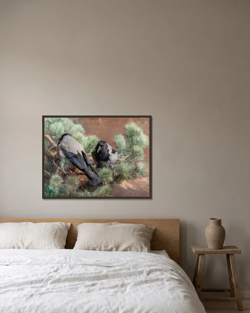 Krähen von Bruno Liljefors gerahmt an einer Wand