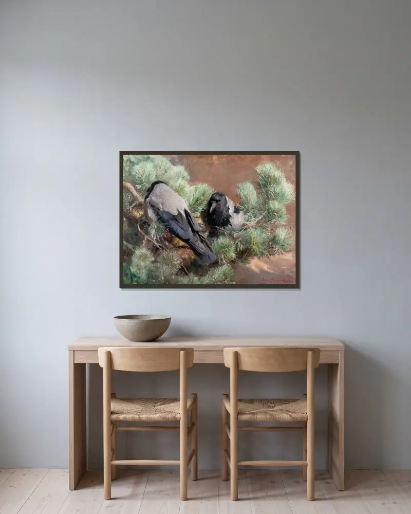 Krähen von Bruno Liljefors gerahmt an einer Wand