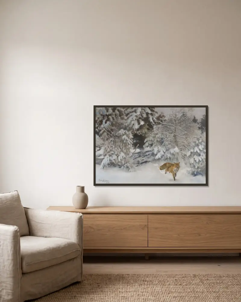 Fuchs in Winterlandschaft von Bruno Liljefors gerahmt an einer Wand