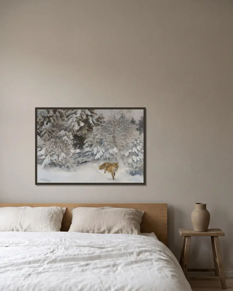 Fuchs in Winterlandschaft von Bruno Liljefors gerahmt an einer Wand