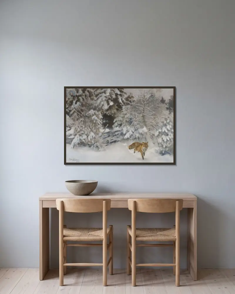 Fuchs in Winterlandschaft von Bruno Liljefors gerahmt an einer Wand