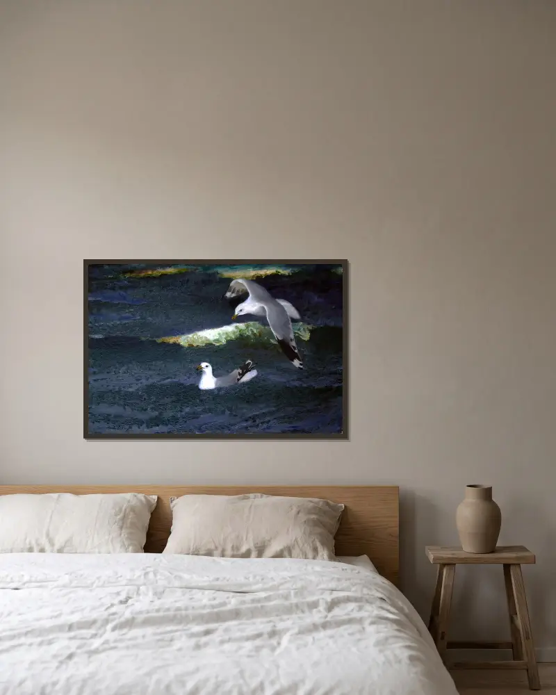 Möwen von Bruno Liljefors gerahmt an einer Wand