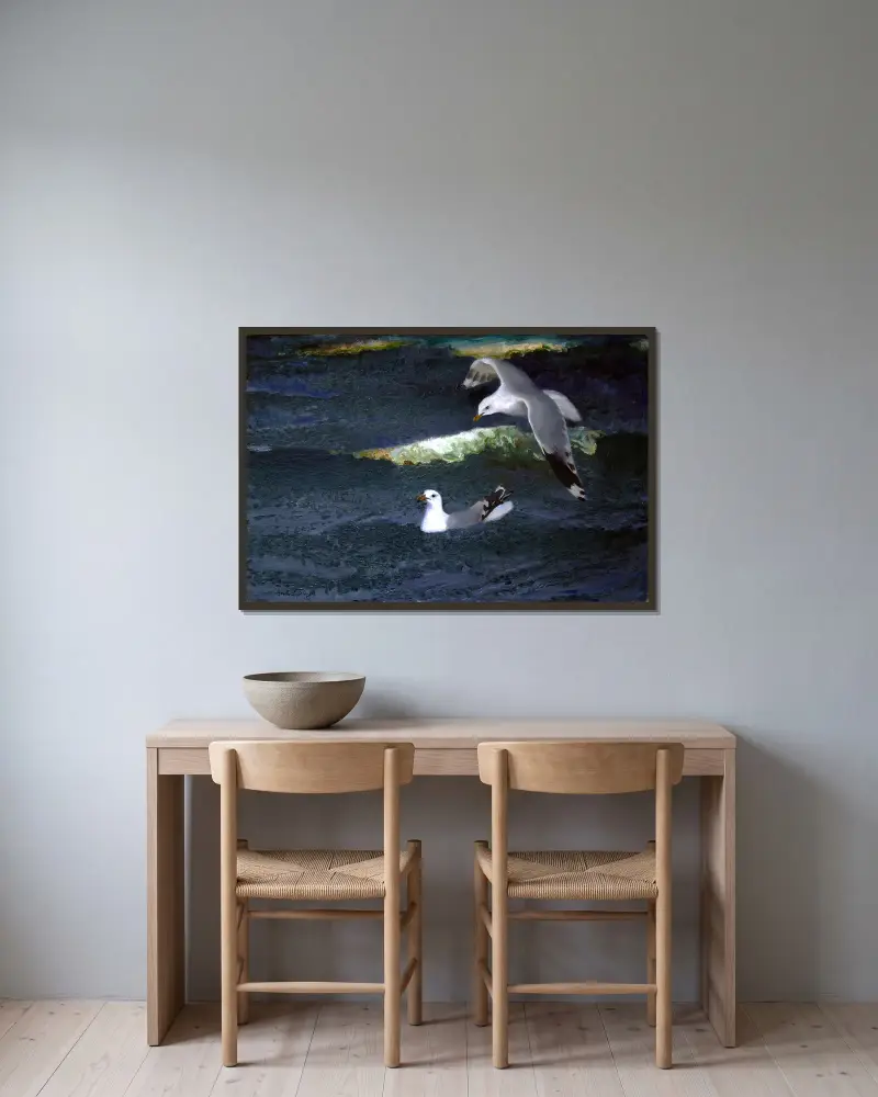 Möwen von Bruno Liljefors gerahmt an einer Wand