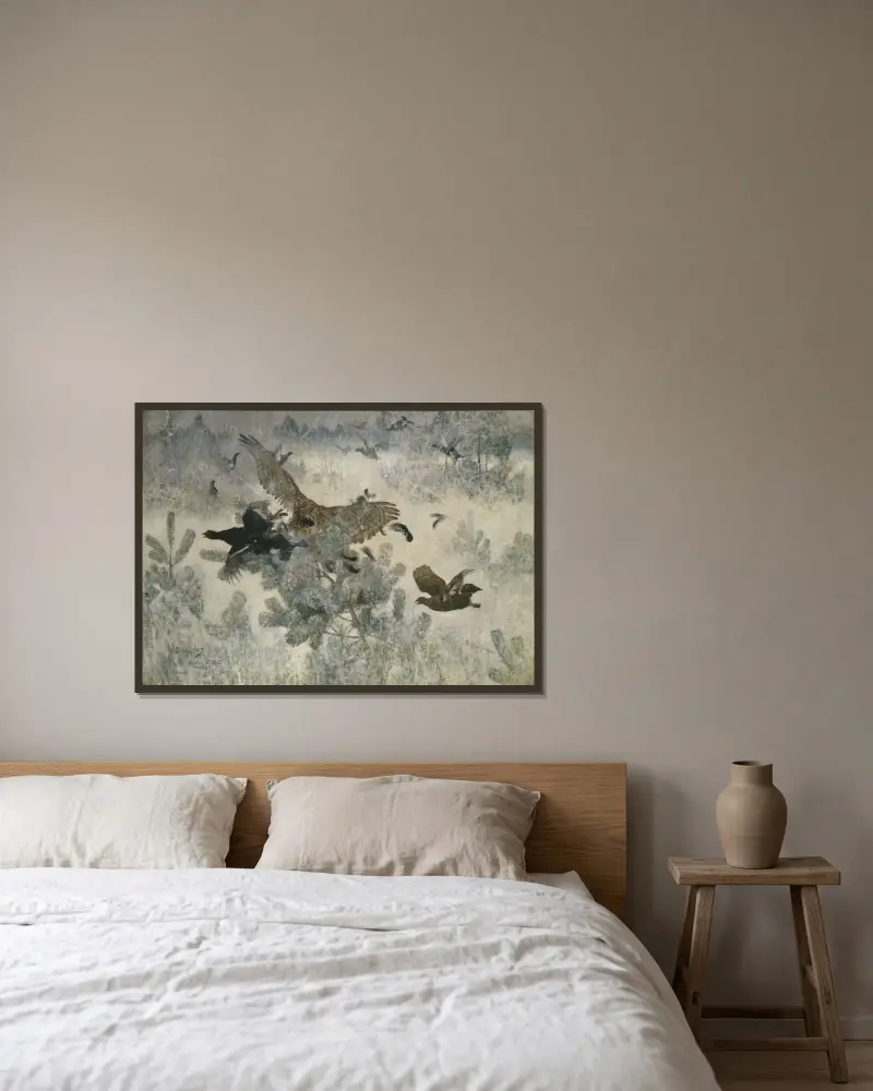 Habicht und Birkhahn von Bruno Liljefors gerahmt an einer Wand