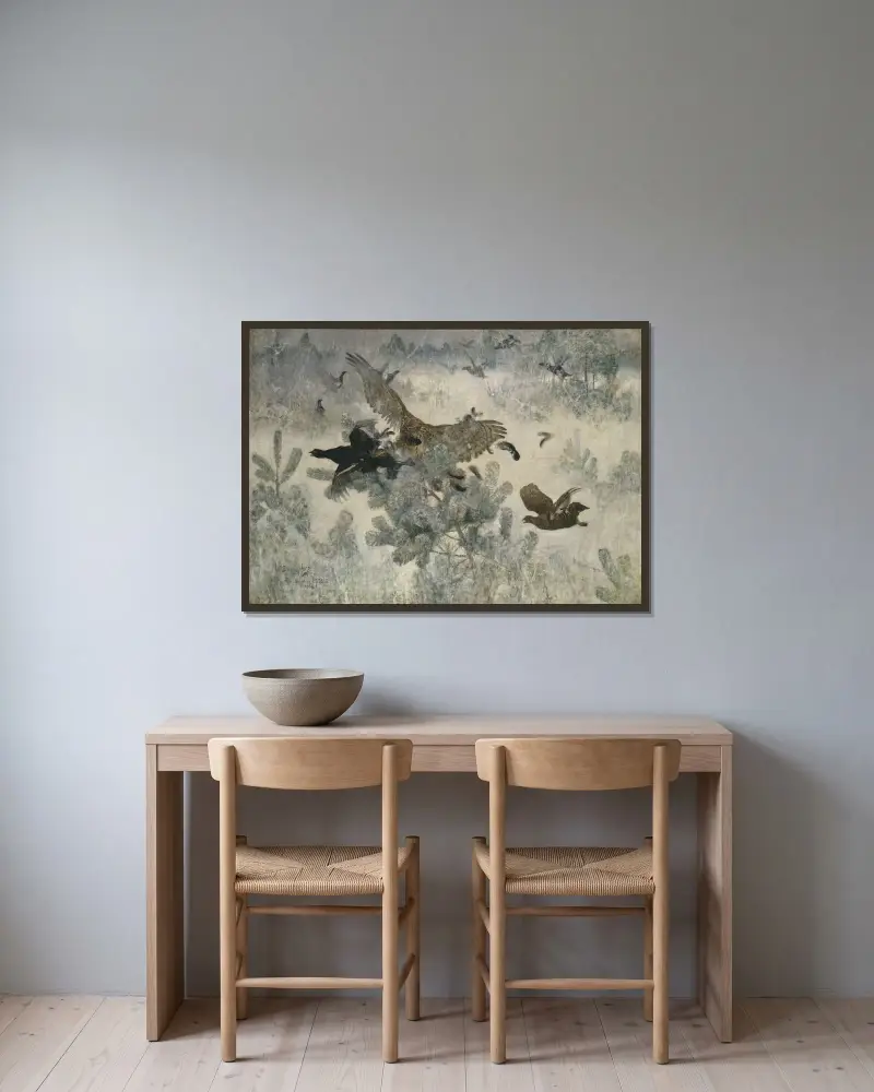 Habicht und Birkhahn von Bruno Liljefors gerahmt an einer Wand