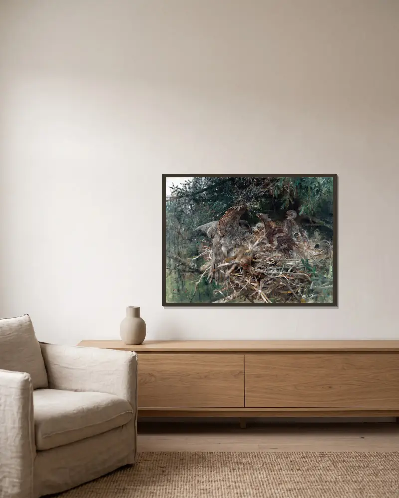Habichtsnest von Bruno Liljefors gerahmt an einer Wand