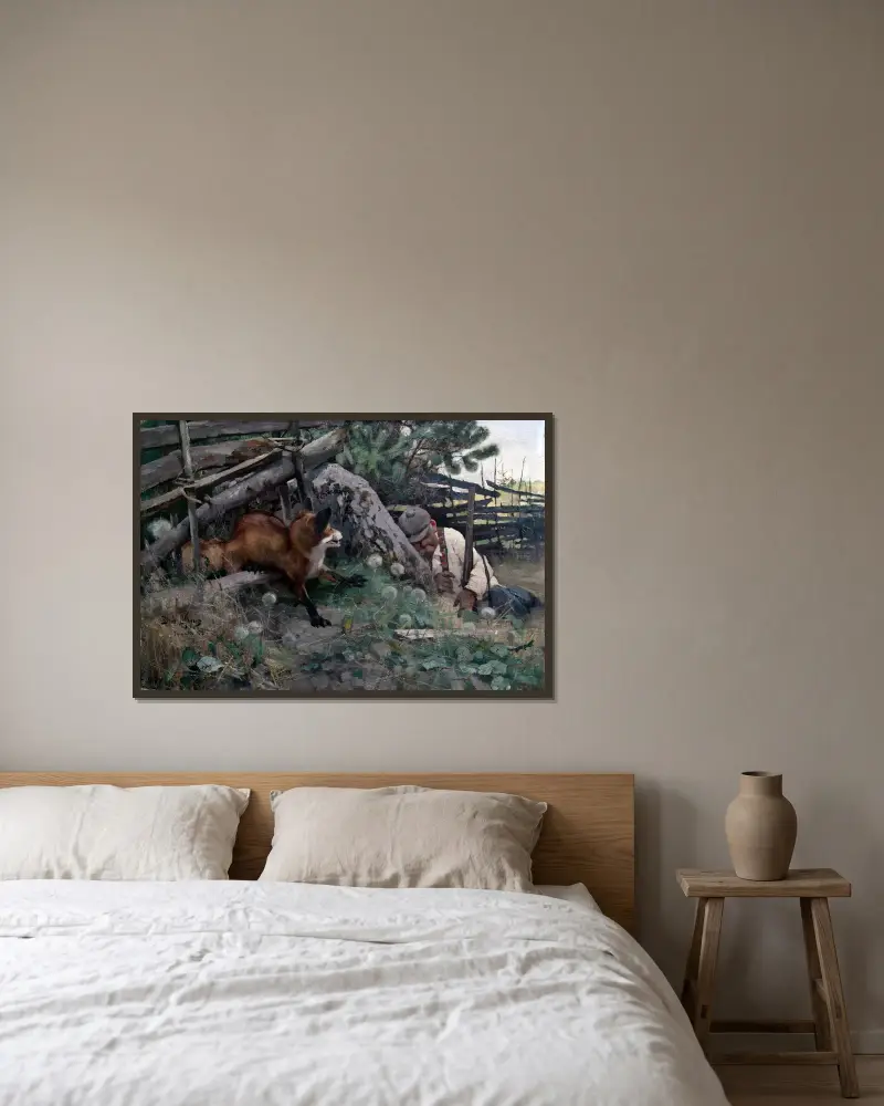 Jäger und Fuchs von Bruno Liljefors gerahmt an einer Wand