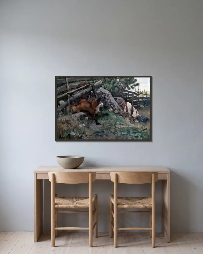 Jäger und Fuchs von Bruno Liljefors gerahmt an einer Wand
