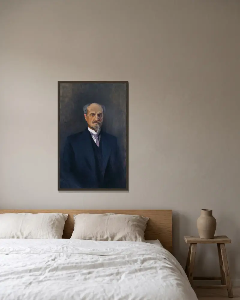 Porträtt av Ernest Thiel av Bruno Liljefors inramad på en vägg