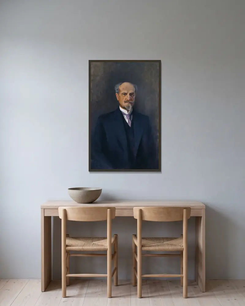 Porträtt av Ernest Thiel av Bruno Liljefors inramad på en vägg