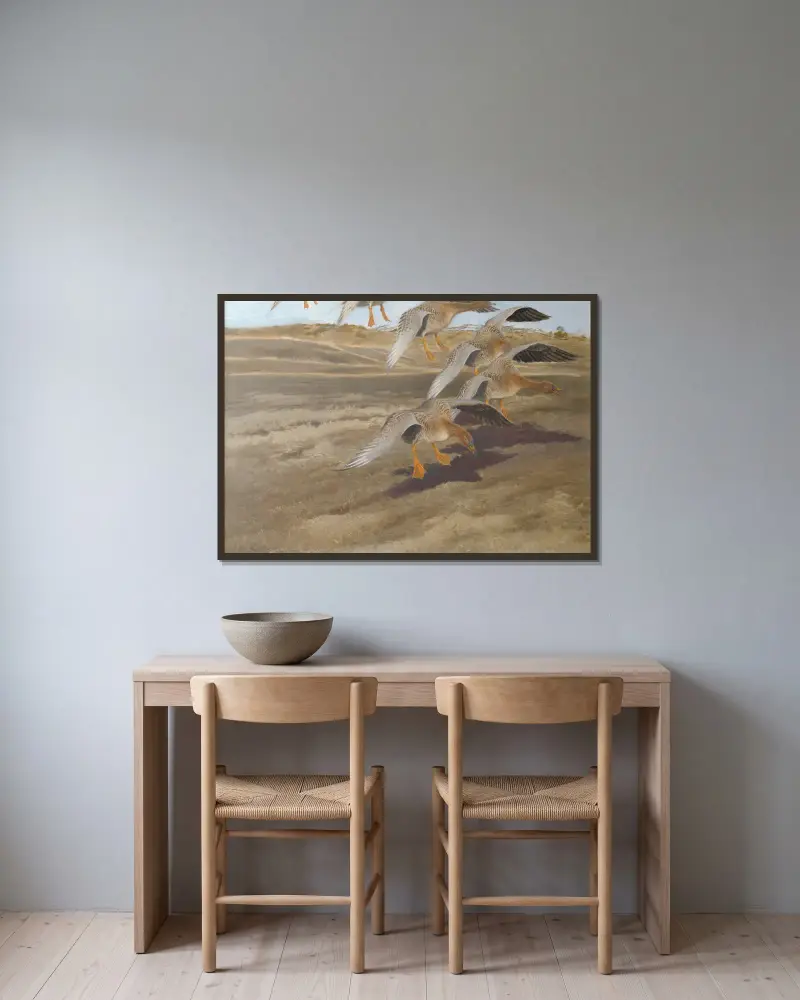 Wildgänse von Bruno Liljefors gerahmt an einer Wand