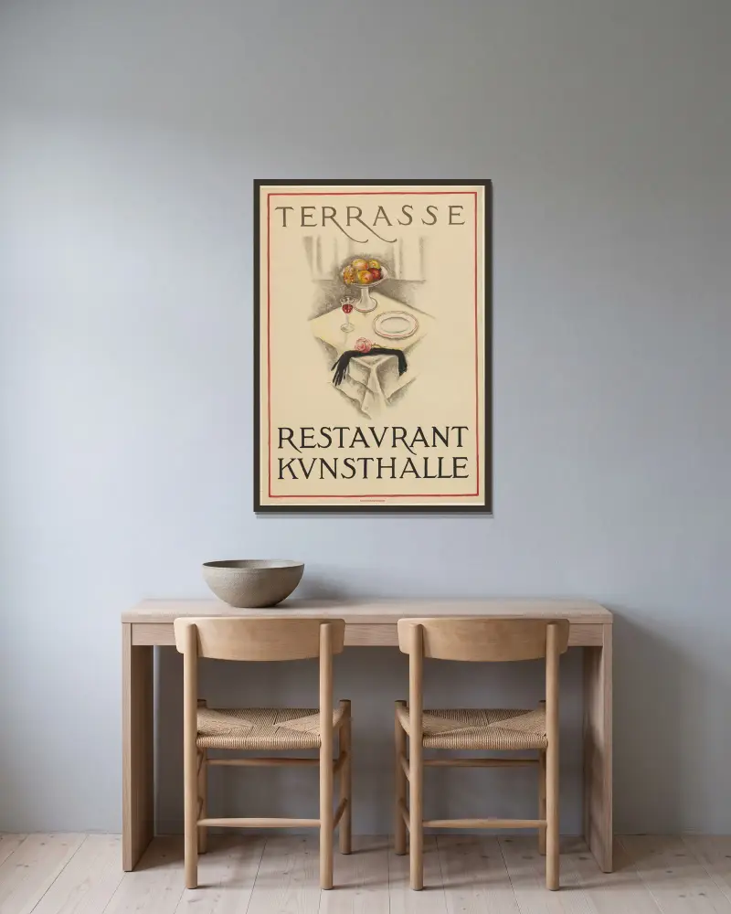 Affiche voor het restaurant Kunsthalle in Bazel av Burkhard Mangold inramad på en vägg