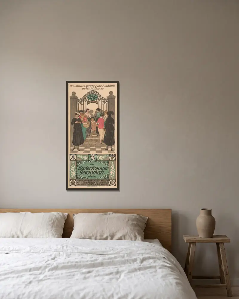 Basler Konsum-Gesellschaft av Burkhard Mangold inramad på en vägg