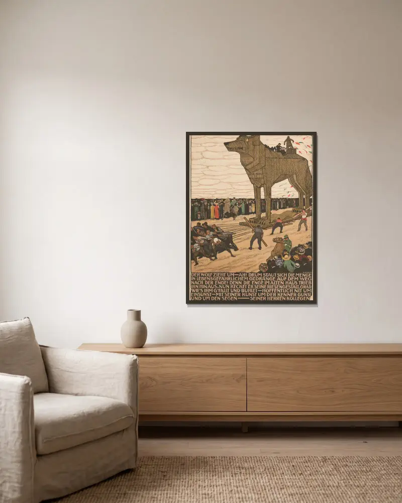 Der Wolf zieht um von Burkhard Mangold gerahmt an einer Wand
