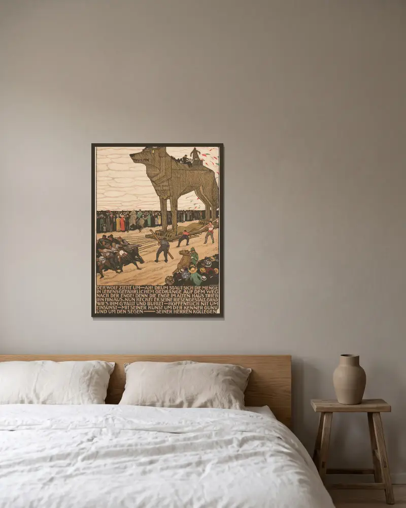 Der Wolf zieht um von Burkhard Mangold gerahmt an einer Wand