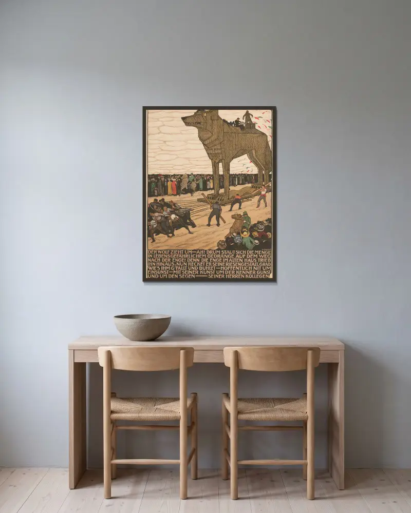 Der Wolf zieht um von Burkhard Mangold gerahmt an einer Wand