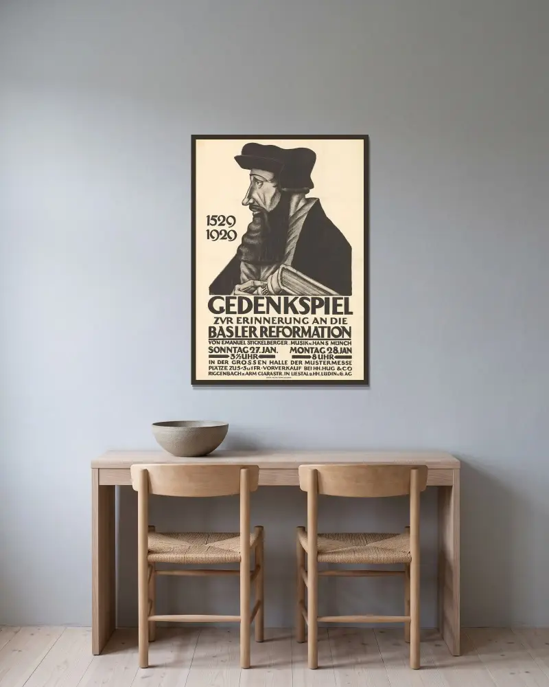 Gedenkspiel zur Erinnerung an die Basler Reformation av Burkhard Mangold inramad på en vägg
