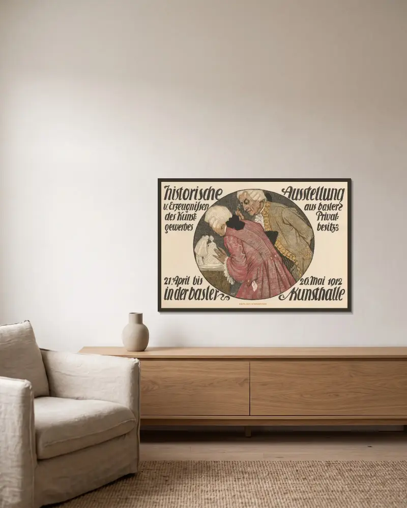 Historische Ausstellung v. Erzeugnissen des Kunstgewerbes aus Basler Privatbesitz in der Basler Kunsthalle av Burkhard Mangold inramad på en vägg