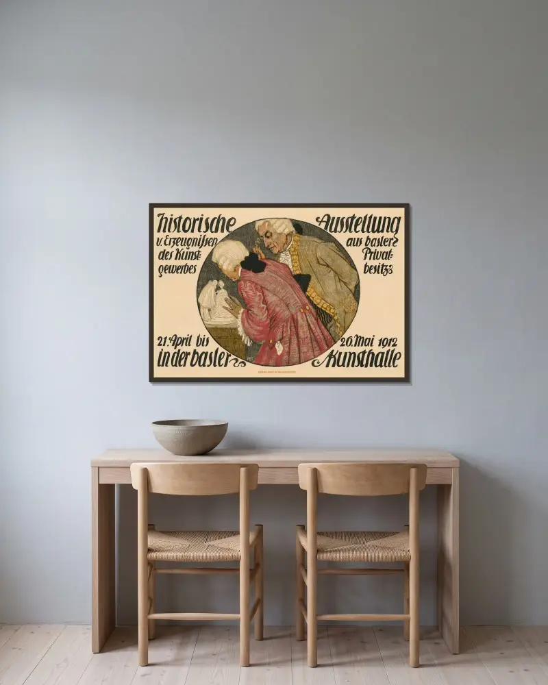 Kunsthalle Basel. Historische Ausstellung Kunstgewerbe aus Privatbesitz von Burkhard Mangold gerahmt an einer Wand