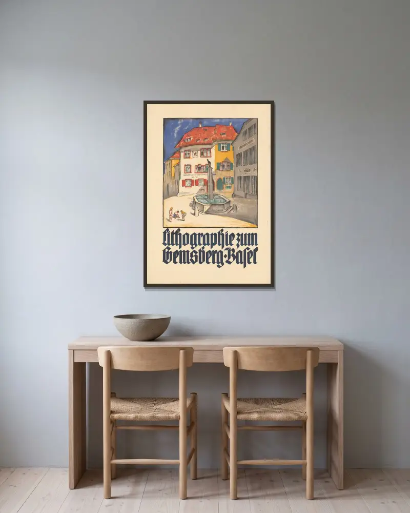 Litografi för Gemsberg, Basel av Burkhard Mangold inramad på en vägg