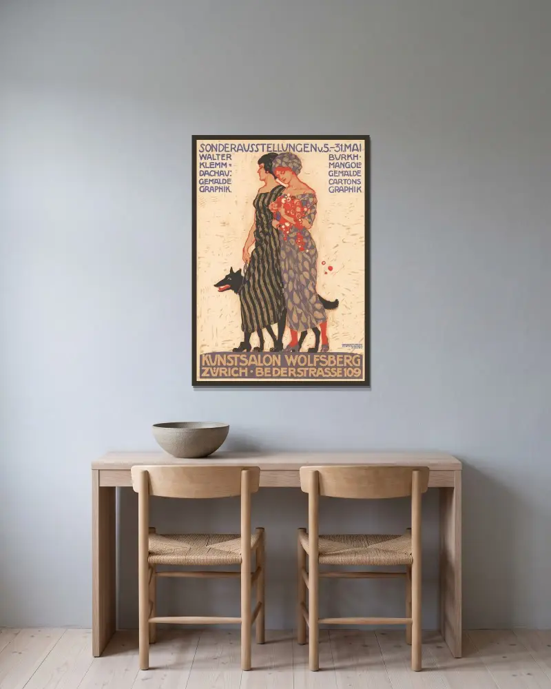Sonderausstellungen – Walter Klemm – Burkhard Mangold – Kunstsalon Wolfsberg – Zürich Bederstrasse 109 av Burkhard Mangold inramad på en vägg