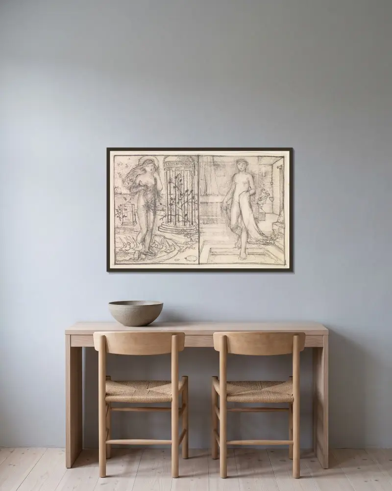 Amor och Psyche – Två studier av Venus vid havets kant och Psyche vid badet av Sir Edward Coley Burne-Jones inramad på en vägg