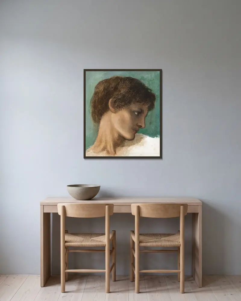 Head of a Young Man av Sir Edward Coley Burne-Jones inramad på en vägg